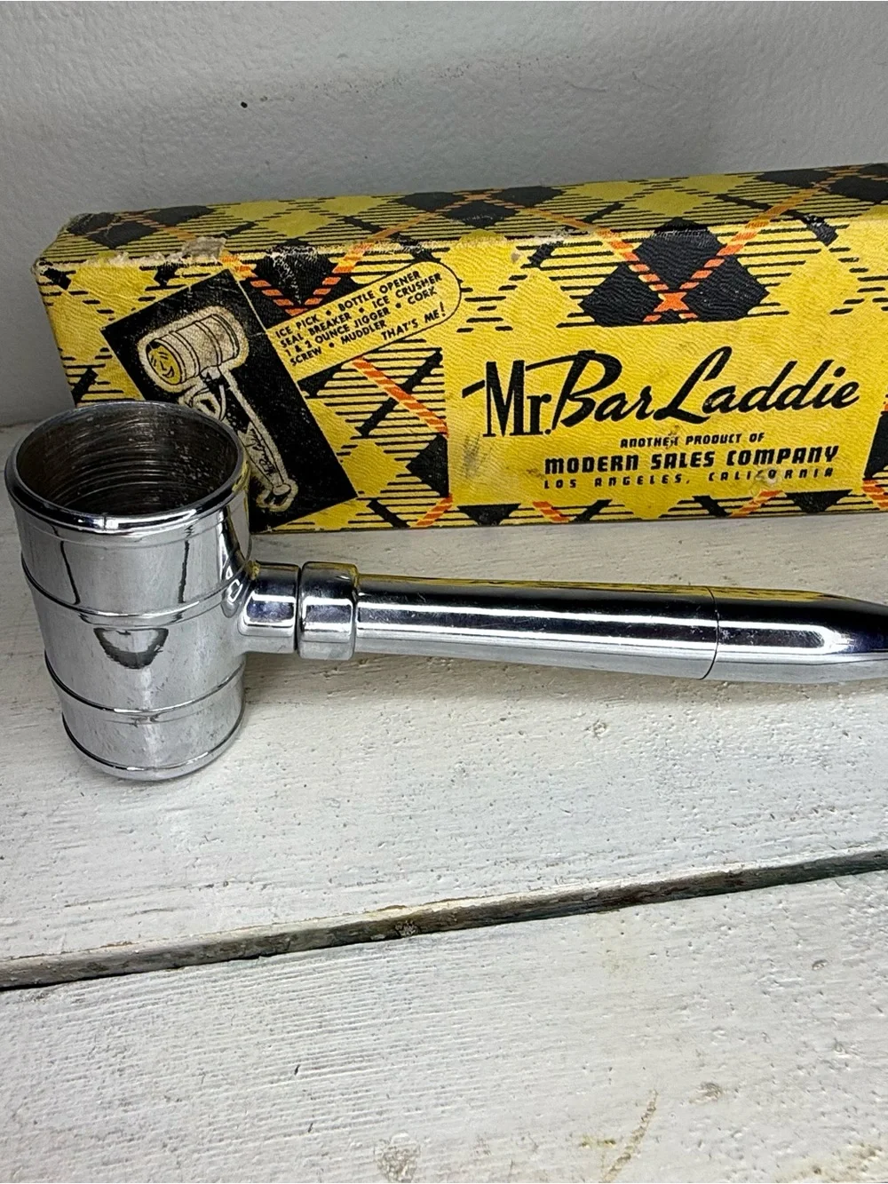 Vintage Mr. Bar Laddie Jr. Jigger, Ice Hammer, Bottle Opener, Corkscrew with box